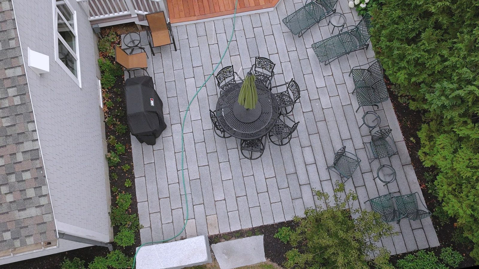 Aerial view of a finished patio and yard