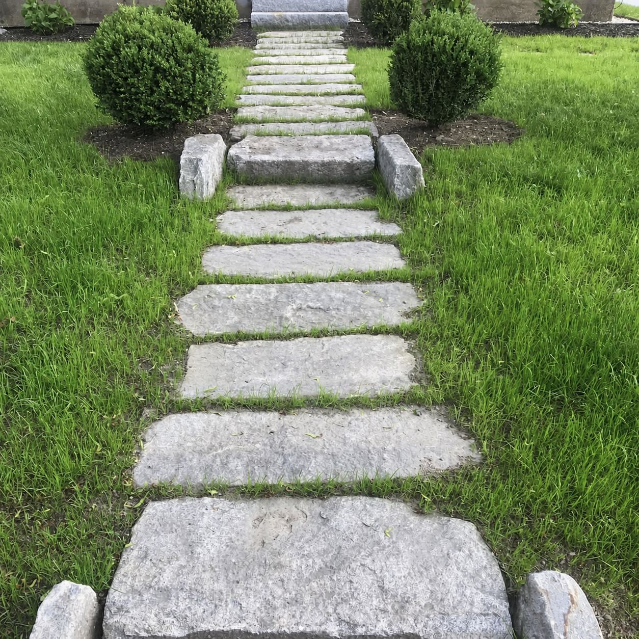 Natural stone garden path crossing a green lawn