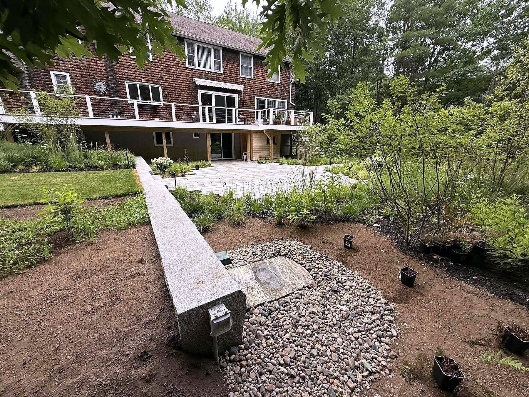 Backyard lawn, patio and meadow view