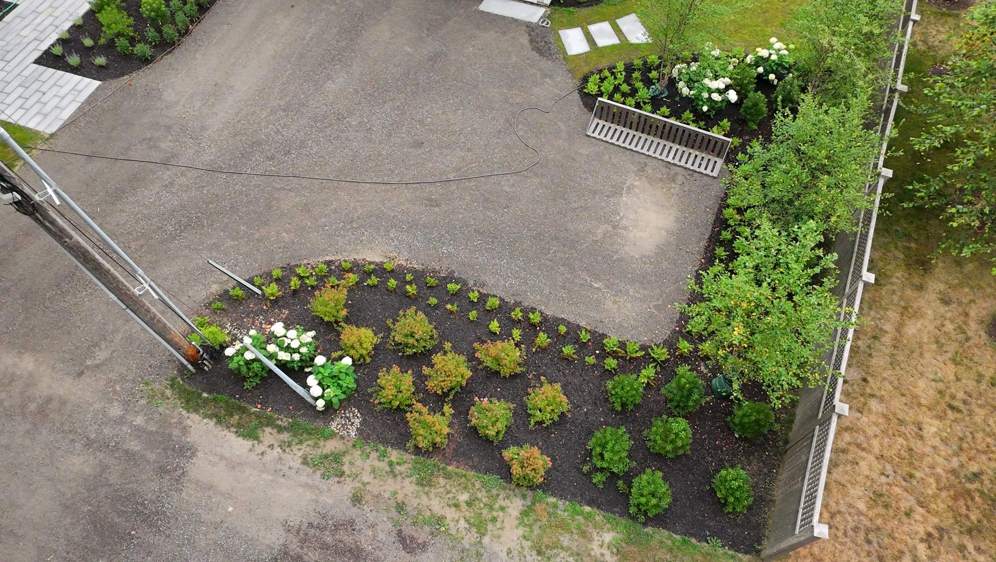 Aerial view of a garden bed against the arborvitae privacy hedge, with a drainage grate set into the bed