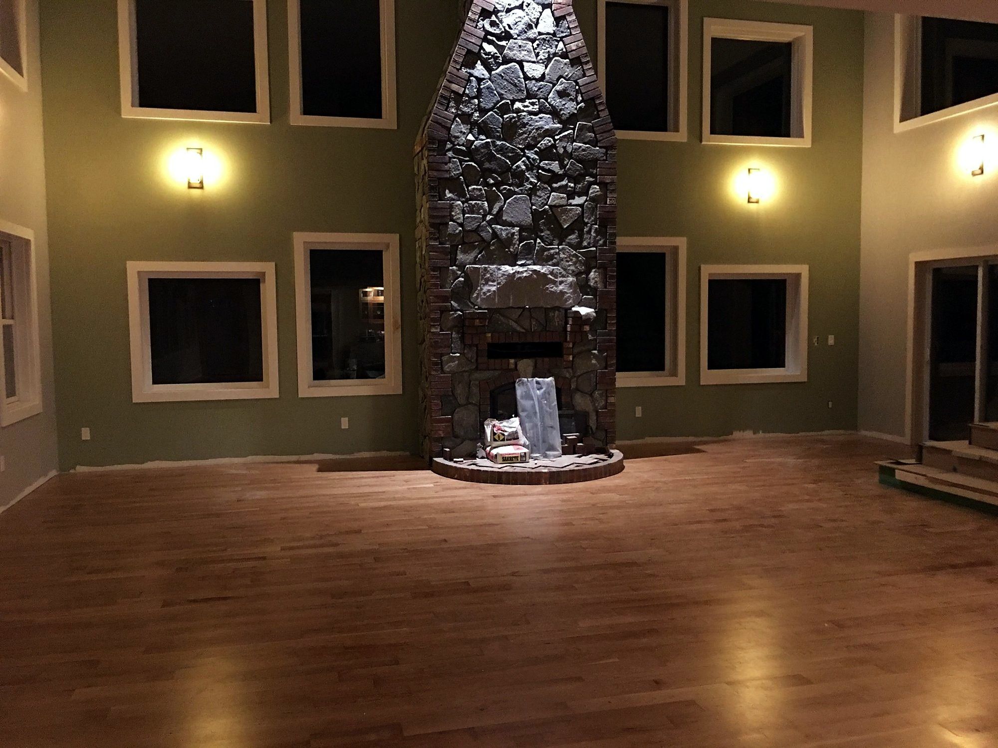 Interior stone veneer fireplace